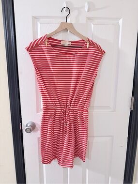 Michael Kors Red and White Striped Drawstring Waist Dress
